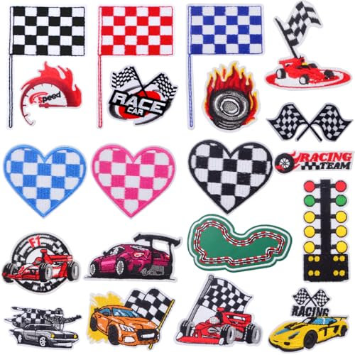 20pcs Black White Checkered Square F1 Racing Patches Cycle Race Car Heart Flag Checker Iron on Embroidery Patch Tactical Sewing Appliques for Clothing Jeans Jacket Backpack Hat Crafts Decor