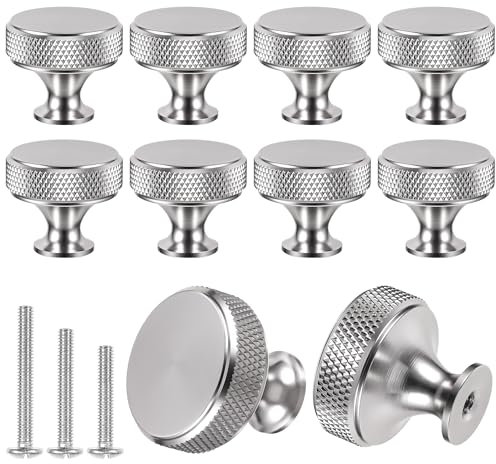 10 Pack Cabinet Knobs Drawer Cupboard Kitchen Knobs Round Solid Knurled Cupboard Handles with 30 Screws for Cabinet Furniture Dresser Wardrobe Pulls (Silvery)