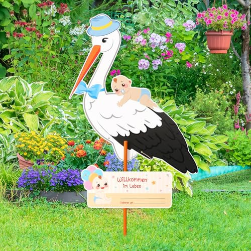 LAMEK Storch Geburt für Draussen Klapperstorch zur Geburt Willkommen Zuhause Baby Schild Blau Geburtsstorch Doppelseitig Babystorch mit Holzstab Namen Grußkarte Babygeschenke für Jungen zur Geburt