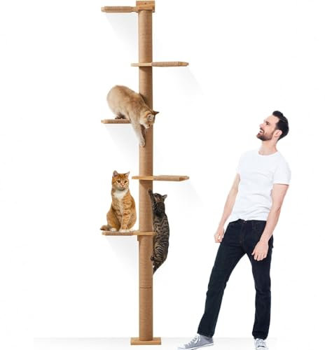 Caossuixin Katzenbaum, 5 Etagen Kratzbaum für Katzen(206 cm), Katzenbaum vom Boden bis zur Decke verstellbar, Stabil Wandmontierter Katzenbau mit Kratzbaum, für Katzen zum Klettern, Kratzen