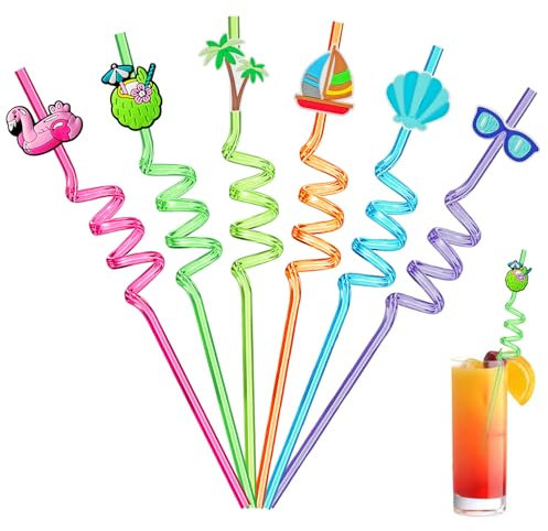 Ulife Mall Wiederverwendbare Strohhalme, 6 Stück Plastik Trinkhalme Neuheit Flamingo Hawaii Cocktai Dekor Strand Pool Muschel Curly Sommer Party Strohhalme für Erwachsene Kinder Geburtstag Favors