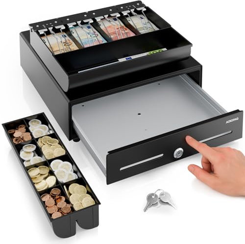 ACROPAQ Kassenschublade - Kassenlade mit Drucköffnung, Stromlos, 8 Münz- & 4 Geldscheinfächer, Robustes Metallgehäuse, Metallschublade mit entnehmbarem Einsatz, Kompakt (34 x 33 x 10 cm) - Kasse