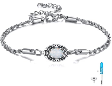 HUKKUN Urnenarmband für Asche Sterling Silber Oval Opal Urne Asche Armband Memorial Jewelry Keepsake Geschenke für den Verlust eines geliebten Menschen
