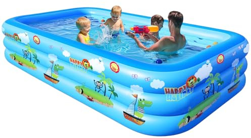 GALAXYER Aufblasbares Planschbecken mit Cartoon-Aufdruck, 3 Ringe Family Pool für Kinder, Kleinkinder, Erwachsene, Indoor Outdoor Garten Blau Swimmingpool, 290 × 163 × 50 cm