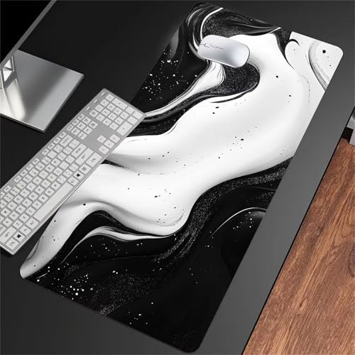 Tapis de Souris Gaming XXL 600x300x2mm Tapis de Souris Gamer Extra Large en Tissu avec Base antidérapante Améliore la Précision et la Vitesse pour Gamer, Ordinateur, PC (Liquide Noir et Blanc)