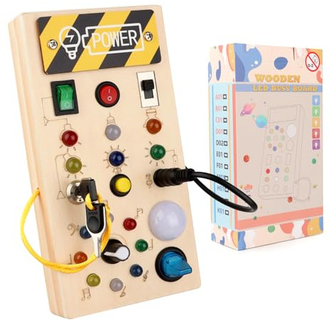 Talifoca Montessori Busy Board à partir de 1 an, Planche d'activité en bois avec 8 interrupteurs LED, jouet pour bébé, jouet d'apprentissage sensoriel, convient aux bébés de 1, 2, 3, 4 ans
