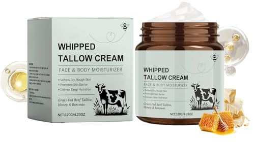 Beef Tallow Creme, 120G Bio Rindertalg Creme, Beef Tallow Skincare, Grasgefütterte Whipped Tallow Balm mit Honig Bienenwachs, Natürliche Tallow Face Cream für Gesicht & Körper, Tief Hydratation