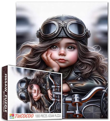 Kleines Mädchen auf Motorrad 1000 Stück Jigsaw Puzzle für Erwachsene Studenten Niedliches Cartoon Portrait Fantasy Ästhetische Puppe Ganzkörper Design High Definition Entspannende Brain Game