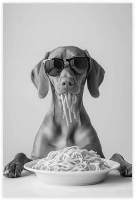 Vizsla Eating Pasta Leinwand-Poster, Wandkunstdruck, Bild, Gemälde, 30 x 45 cm