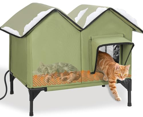 Großes Beheiztes Katzenhaus Outdoor Winterfest Isoliert, weich und warm Katzenhöhle für draußen mit Fluchttüren und Heizungspolster, robuster Katzenhütte Outdoor für mehrere Katzen und Hunde (Grün)
