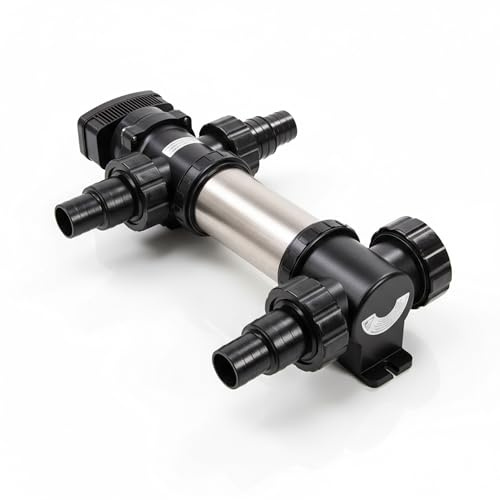 VIALIA UVC Teichklärer SUV-724 RVS 24 Watt Edelstahl Wasserklärer | Algenvernichter für Teich & Aquarium bis 40 m³, Durchfluss 5 m³/h, Inkl. 4 Schlauchnippel 38/50mm & 2 Gewinde