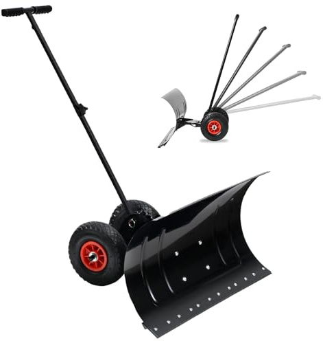 Leero Schneeschaufel mit Rädern, großes 73,7 cm großes Blatt mit 5 Stufen verstellbarem Griff und schwenkbarem Rutschenwinkel, effiziente Metall-Schneeschaufel für Auffahrt, auch für Gehwege, Scheune