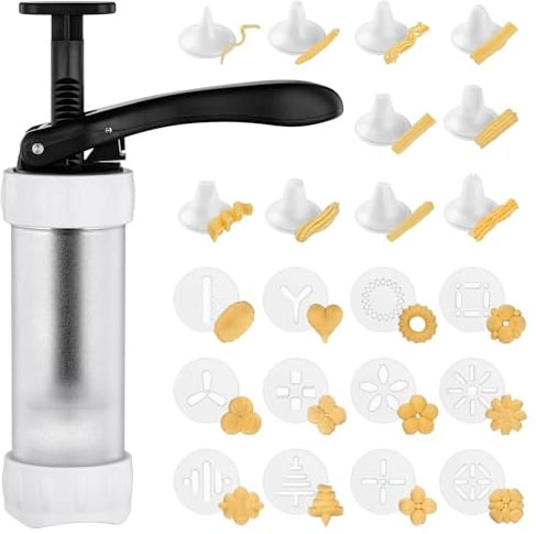 GDL Gebäckpresse, Multifunktionale Spritzgebäck Maschine mit 12 Schablonen und 10 Tüllen, Kekspresse Teigpresse für Churros Kuchen Kekse, DIY Dekorieren von Kuchen und Desserts, Festliches Muss, Weiß