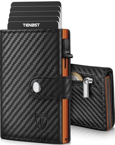 TENBST Geldbörse Herren - Portmonee Herren mit Münzfach & RFID Schutz eco | Hochwertige Slim Wallet, Kartenetui Klein 8-10 Karten, Premium Geldbeutel, Geschenke zum Vatertag (Schwarz & Orange)