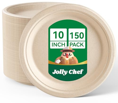 JOLLY CHEF 150 Pack 10 Inch Strong Disposable Bagasse Plates Natural | Compostable Biodegradable Bagasse Plates, Heavy-Duty Sugarcane Plates for Party & Dinner