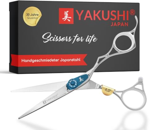 YAKUSHI AKITA Haarschneideschere 6,0'' I Top-Line I Handgeschmiedete Schere aus Premium-Japanstahl I Rasiermesserscharfe Friseurschere mit ergonomischer Semi-Offset Form & Disc-Schraube