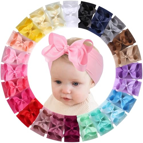 vobobe 24Pcs Baby Girls Bows Headbands, Newborn Nylon Hairbands Ribbon Bow | Elastic Hair Accessories for Infants Toddlers and Kids
