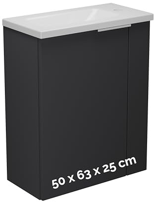 BadeDu UMEA Gäste WC Waschtisch Set 50 cm Anthrazit matt – Waschbeckenunterschrank mit Gussmarmor Waschbecken Weiß – platzsparender Waschtisch für kleines Bad & Gäste WC