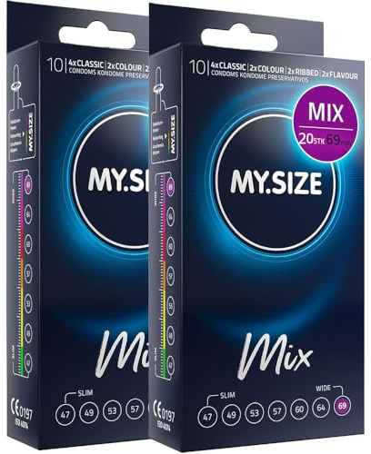 MY.SIZE Mix Kondome 69mm 20 Stück – XXXXL Passform | Sorten: Blau, Rot mit Erdbeeraroma, Gerippt, Natur | Premium Qualitätskondome | Deutsche Marke | 0,07mm Wanddicke