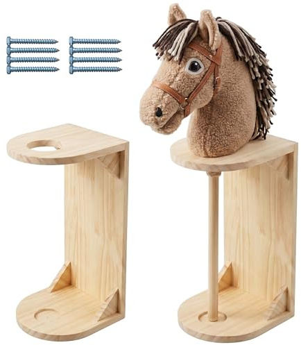 Relaxdays Steckenpferd Halter 2er Set, Wand, Hobby Horse Aufbewahrung, HBT: 35x15x15 cm, Stabpferd Stall, Holz, Natur