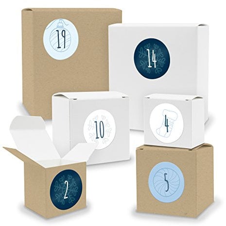 DIY itenga AdventskalenderSet V03 zum Selberbefüllen 24x Quader Würfel gemischt WEISS/BRAUN (Kraftkarton) + Sticker (Motiv Z12 Blautöne)