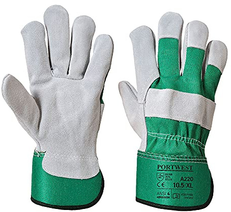 Portwest A220 Leather Rigger 130 Cow Split Glove Knuckle Back Protection | Green, X Large, EN ISO 21420 Dexterity 1, CE Certified, EN 388, Slim Fit, Polycotton, Rubberised Safety Cuffs, Construction