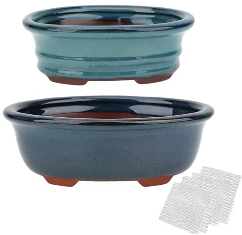 Lot de 2 pots de fleurs émaillés pour bonsaï 14,5 cm et 17,8 cm + 4 grilles de drainage en maille souple