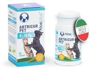 ALOEPLUS Artricur Pet Ergänzungsfuttermittel für Gelenke von Hunden und Katzen 0-10 Kg - 100% natürlich mit Aloe Arborescens BIO, Spirulina, Boswellia und Teufelskralle, stärkt und schützt, 60 Kapseln