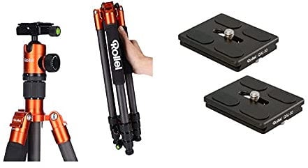 Rollei C5I | Orange | leichtes Foto-Stativ | Carbon| Reise-Stativ | Macro | Monopod | Arca Swiss & QAL-50 - professionelle Kamera-Schnellwechselplatte/Schnellverschlussplatte, 2 er Pack
