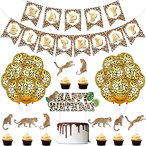 46 Banners de Leopardo Banner de Guepardo Globos con Tema de Guepardo Topper de Torta de Leopardo Topper de Magdalena de Leopardo Decoración de Cumpleaños de Leopardo Salvaje para Cumpleaños