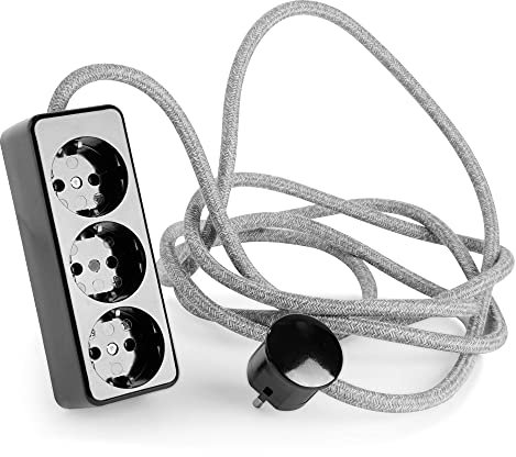 3-Fach Steckdosenleiste aus Duroplast (Bakelit-Optik) schwarz, mit 5 Meter Textilkabel Zuleitung, Grau-Melange