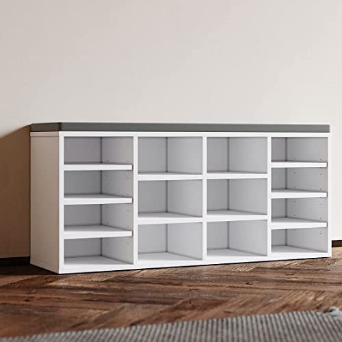 SUNXURY Schuhregal mit Sitzfläche Holz Weiß Schuhschrank Gross Verstellbar mit Stauraum 103.5x30x48cm