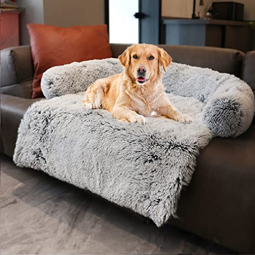 Dekeyoo Beruhigendes Hundebett, Haustier-Couch-Schutz, Plüsch-Hundematte, Hundesofa, Haustiermöbelbezug mit weichem Nackenrolle, maschinenwaschbar, Silbergrau, groß