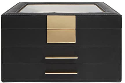 Schmuckkästchen mit Durchsichtigem Deckel Schmuckkasten mit 3 Ebenen, Schmuckbox mit 2 Schubladen, Schmuckaufbewahrung, Geschenk für Ihre Liebsten,muttertag geschenk (Schwarz)