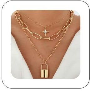 Andelaisi Rhinestone Cross Pendant Necklace Gold Padlock Necklaces Boho Paperclip Link Chain Necklace Retro Lock Chain Necklace Chunky Link Chain Necklace Jewelry for Women and Girls