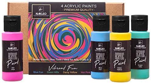 NAKLEO Set di Vernici Acrilici per Dipingere, 4 Colori (60ml, 2oz) Vibrant Fun Blu Verde Giallo Rosa, Non Tossico e Opaco a Base d'Acqua, Forniture Artistiche DIY, Stencil Muro Legno Tessuto Carta