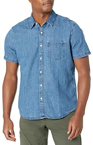 Levi's Men's Classic 1 Pocket Short Sleeve Button Up Shirt, (New) Indigo Stonewash, Small