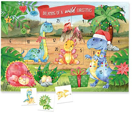 Papierdrachen Adventskalender mit Kindertattoos zum Aufkleben aus Deutschland - Tattoos mit Dino und weiteren kindgerechten Designs - Weihnachtskalender für Kinder - vegan - Dino Set 2