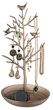 Relaxdays Porte-Bijoux en Forme d’Arbre, pour Colliers, Boucles d’Oreilles, Bracelets, HxLxP 30 x 16 x 15 cm, doré