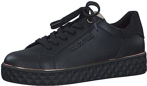 MARCO TOZZI Damen Sneaker flach Vegan Freizeit, Schwarz (Black/Gold), 39 EU