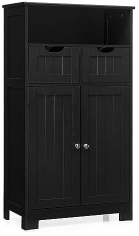 CASART Bathroom Floor Cabinet, Wooden Storage Cupboard with Adjustable Shelf & Doors, Freestanding Side Cabinet Storage Organizer for Bathroom Kitchen Living Room (Black)