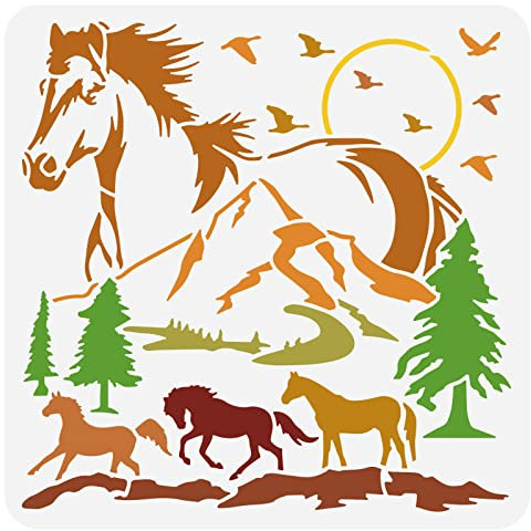 BENECREAT Pferdeschablone, 30x30cm Mountain Tree Scene Laufendes Pferd Schablone Wiederverwendbare Malvorlagen Für Scrapbooking, Stoff, Bodenmöbel, Wandkunst-Dekor