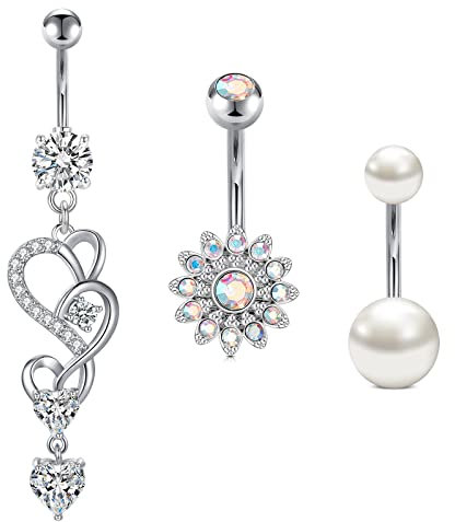Crdifu 3stk Silber Bauchnabelpiercing 10mm mit Anhänger Herz Blume Piercing Bauchnabel Ring Chirurgenstahl Bauchpiercing Kristall Perlen