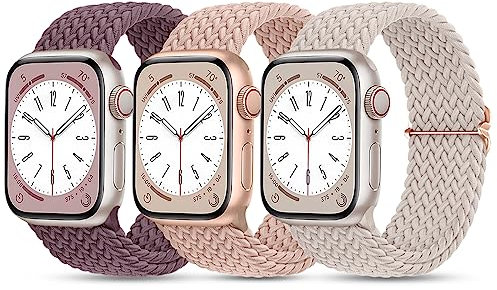 Ouwegaga Pack 3 Strap Compatible with Apple Watch Strap 38mm 40mm 41mm,Nylon Sport Stretch Elastic Braided Replacement Solo Loop for iWatch SE Series 9 8 7 6 5 4 3 2 1,Smoke Violet/Nude Pink/Starlight