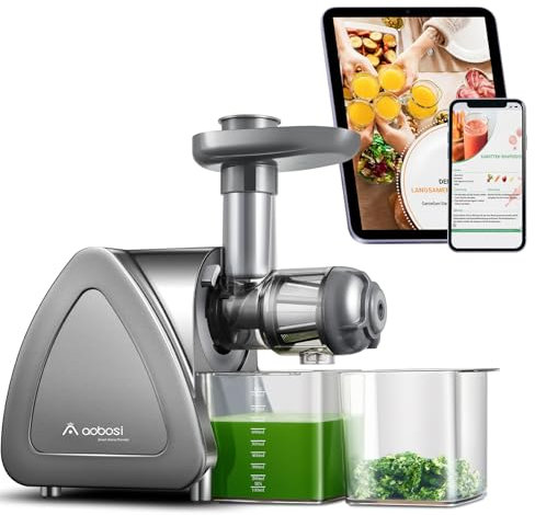 Extracteur de Jus, Aobosi Sans BPA extracteur de jus de fruits et légumes avec Fonction Reverse,Moteur Silencieux, Rendement élevé en jus, livré avec un gobelet à jus et une brosse de nettoyage,gris
