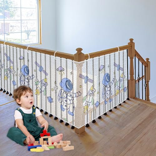 Kinder Sicherheitsnetz, Baby Balkon Geländer Treppenschutznetz, 300Lx78H cm Langlebiger Niedlich Treppennetz Treppengeländer Treppe Schutznetz Schutz Mesh für Kinder Haustiere, Astronaut Weiß
