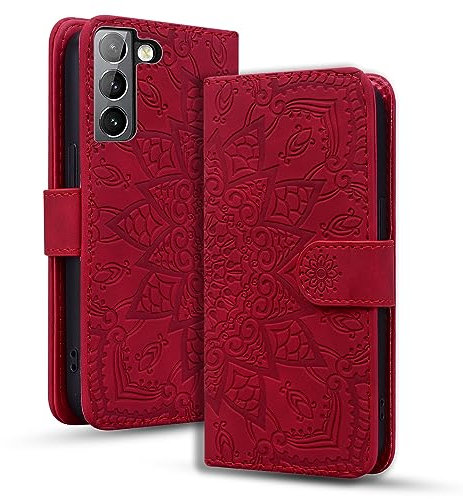Rosbtib Funda Móvil para Samsung Galaxy S21 FE 5G Cover de Cuero Premium PU con Cierre Magnético y Función de Soporte Flip Cover Mandala en Relieve Samsung Galaxy S21 FE 5G - Rojo