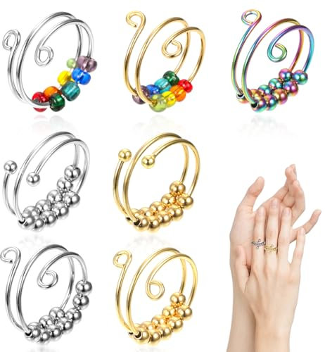 7 Stück Fidget Ring Anti Stresst Ringe, Antistress Spielzeug, Anxiety Ring, Angst Spinning Ring Mit Perlen, Antistress Ringe Verstellbares Fingerspitzen Spielzeug Set, Stressringe für Frauen