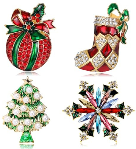 4 Stück Weihnachten Brosche Kraeoke Weihnachtsbaum Broschennadeln Schneeflocke Anstecker Pin Broschen für Kleidung Geschenk Ornamente