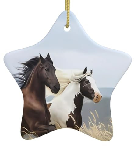 Weihnachtsschmuck Pferde laufen Kunst gedruckt Keramik hängende Ornament mit goldener Schnur Porzellan Weihnachtsbaum Ornament Dekorationen